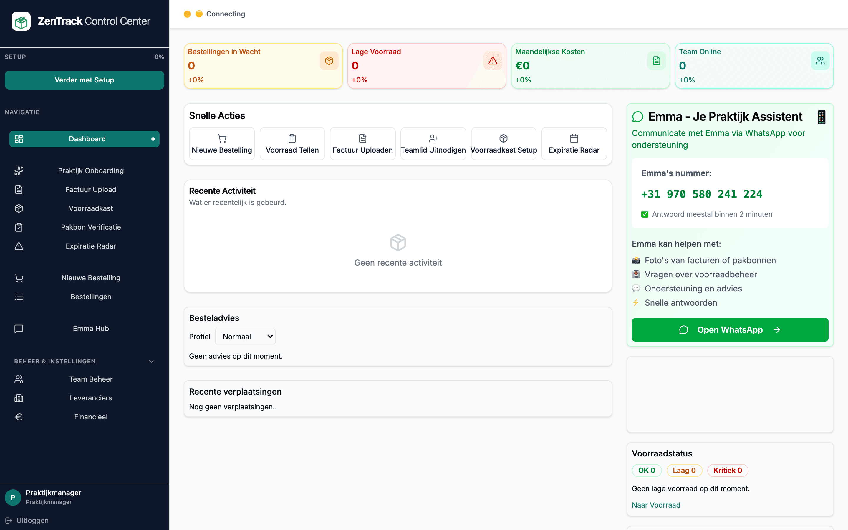 ZenTrack Dashboard - Real-time voorraadbeheer met WhatsApp integratie